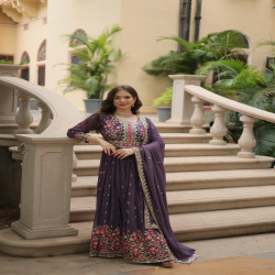 Premium Floral Embroidered Georgette Anarkali Sharara Set with Dupatta